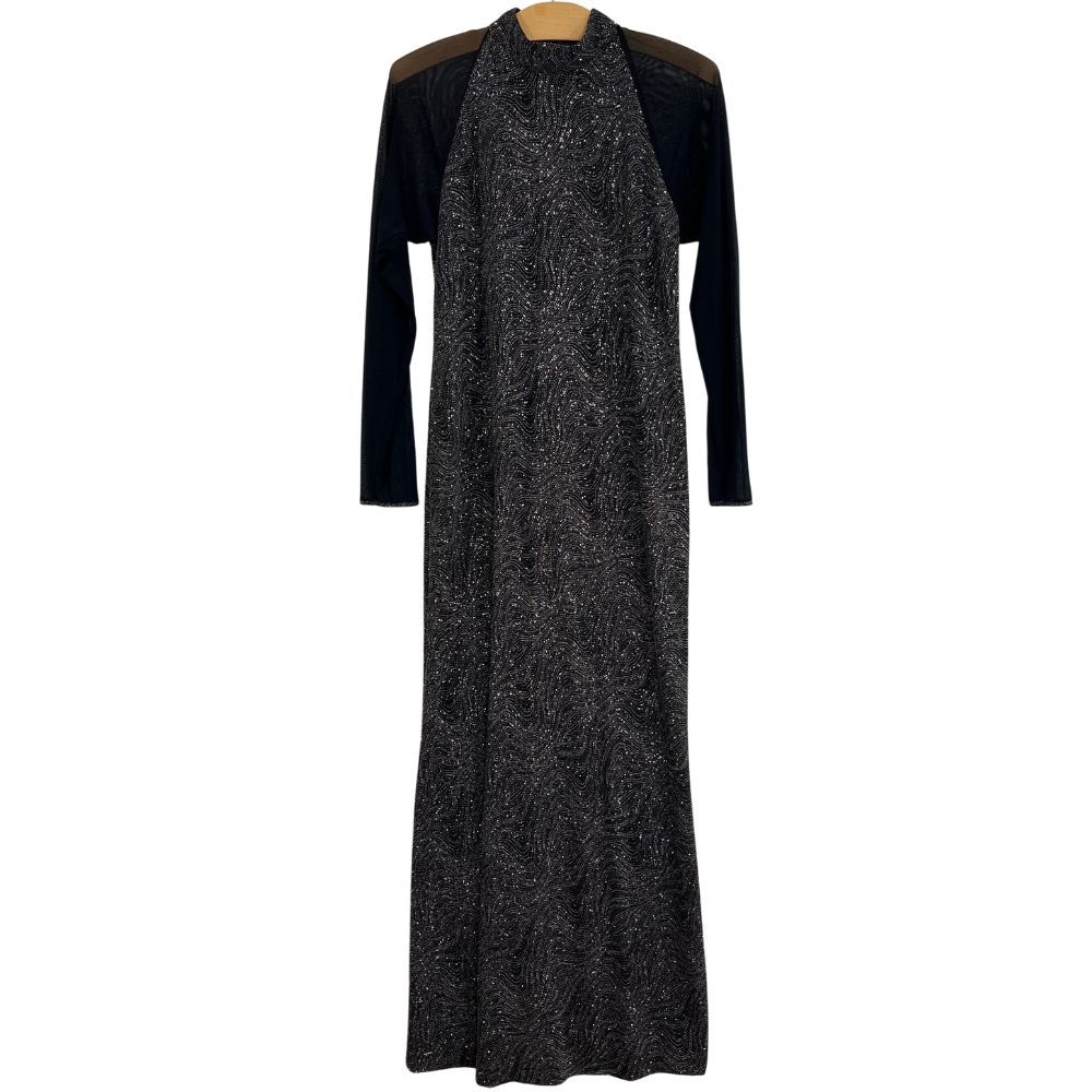 Vintage Black Sparkle 90s Gown Mesh Sleeve Mock Neck Holiday Maxi Dress Sz S/M
